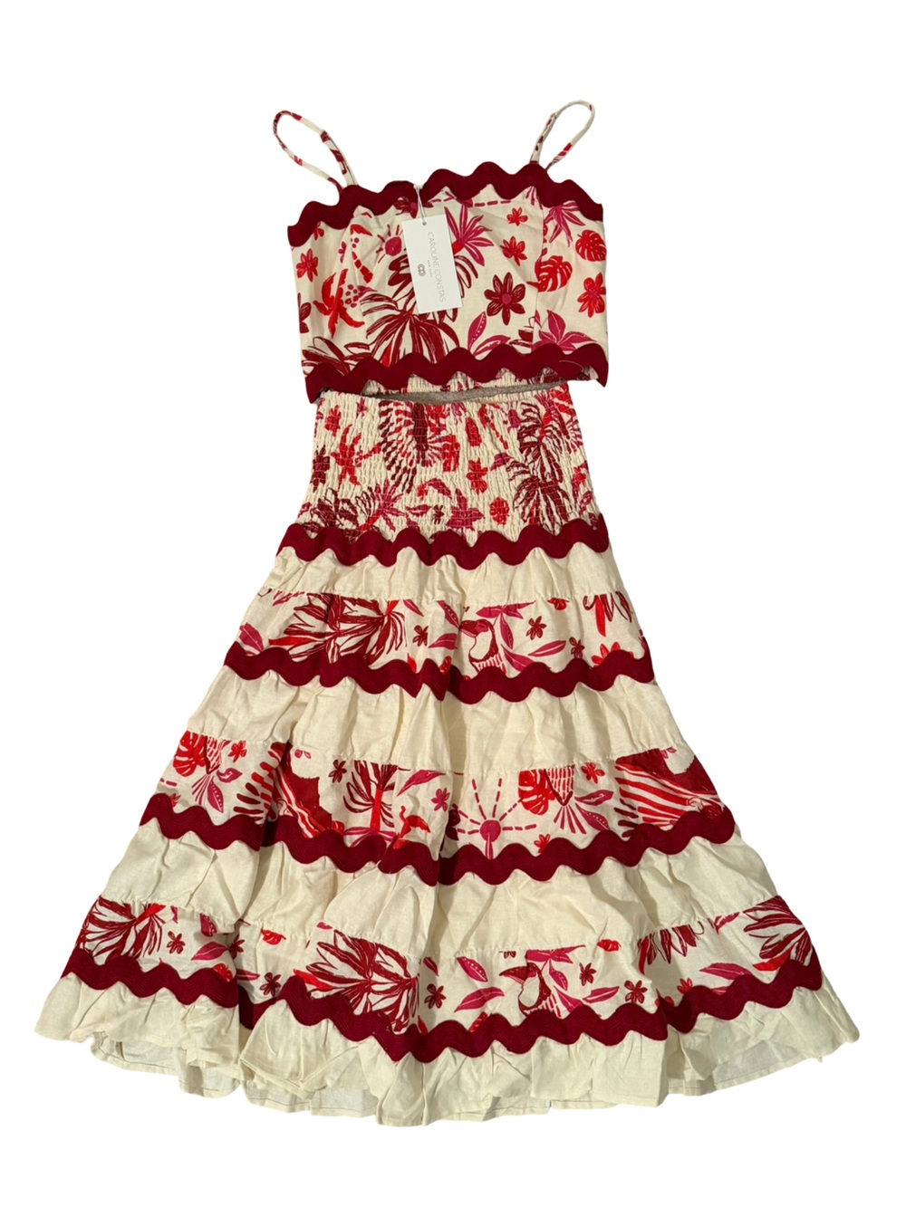 Caroline Constas Linen Scalloped Tropical Top & Midi Skirt Set Red Cream NWT - Picture 2 of 11